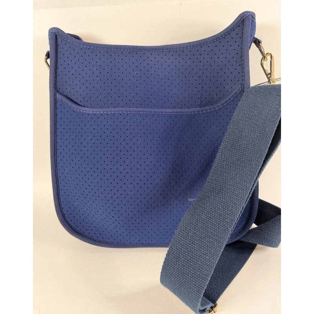 AHDORNED Classic Stripe Messenger Crossbody Bag Navy Perforated Neoprene Preppy